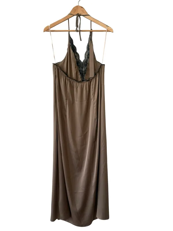 ANTHROPOLOGIE Lace Halter Midi Satin Slip Dress Taupe Size XL NEW - Image 9