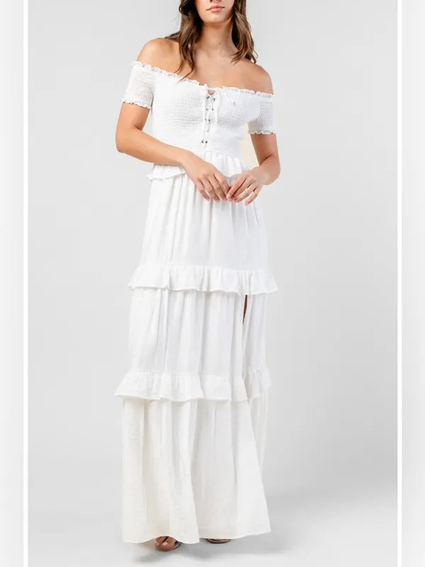 Beivy Off-Shoulder White Ruffle Maxi Dress Size Medium - Image 5