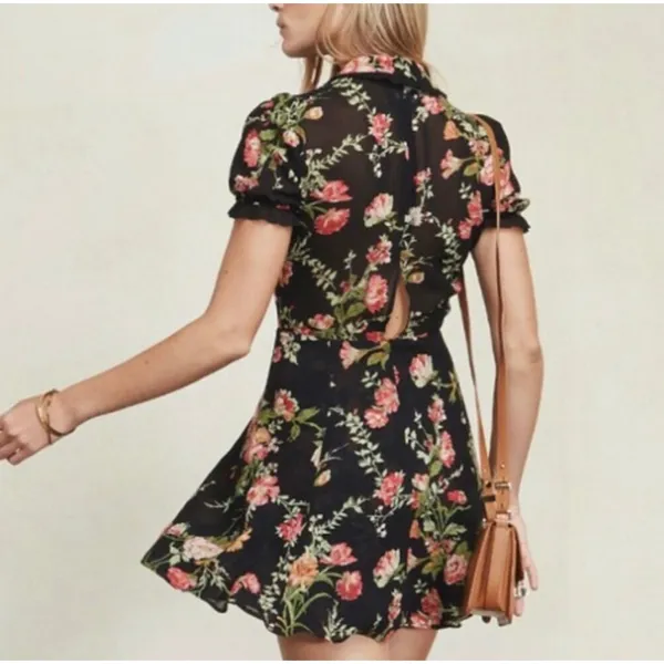 Reformation Mckendrie Floral Sheer Collar Short Sleeve Mini Shirt‎ Dress Black 2 - Image 2