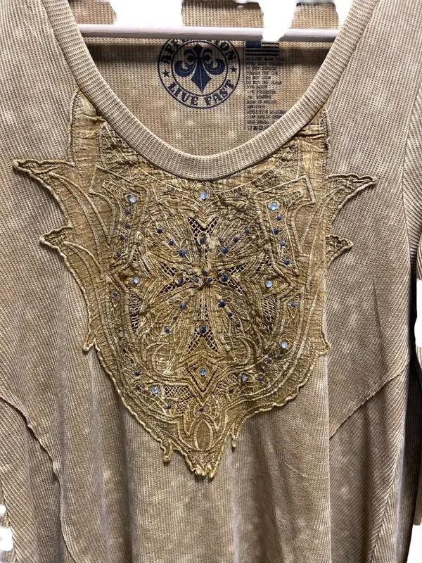Affliction Long Sleeve Waffle Knit Top Mustard Size L Y2K Casual Punk Neutral - Image 7