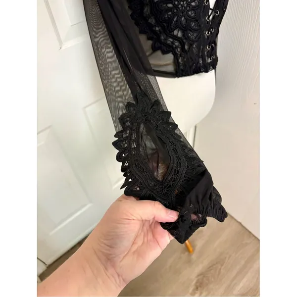 Akira Black Lace Up Sheer Bell Sleeve Gothic Boho Crop Top L5 - Image 3