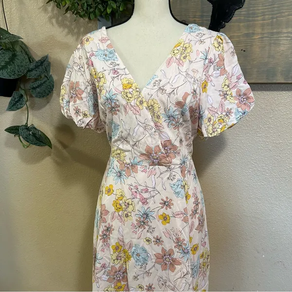 NWOT Lulus Flourishing Feelings Pink Floral Puff Sleeve Midi Dress XL - Image 4