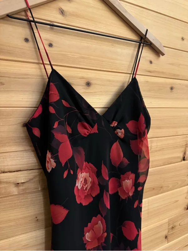 Vintage Y2K Small Black Red Floral Rose Ruffle Maxi Dress Salsa Whimsigoth Party - Image 5