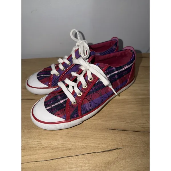 Coach Women's Barrett Plaid Patent Leather Sneakers Y2K Purple Pink Size 7.5 J - Image 3