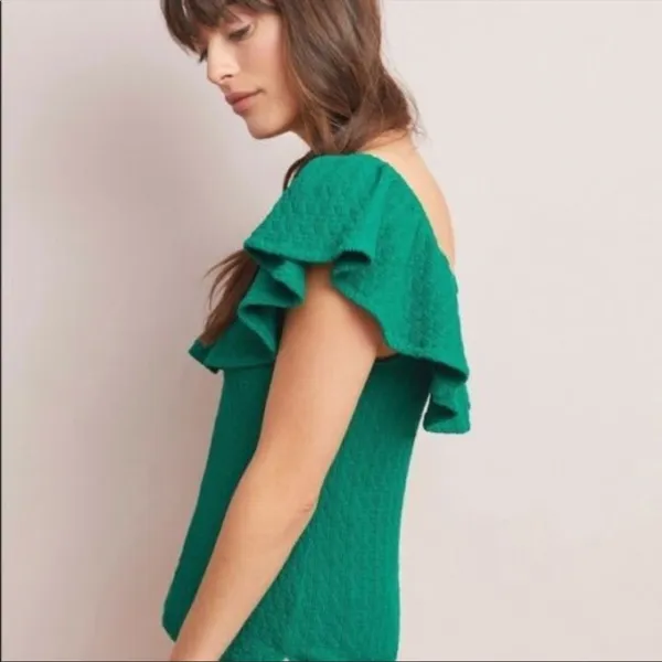 Anthropologie Off Shoulder Ruffle Green Top Sz XS - Image 2