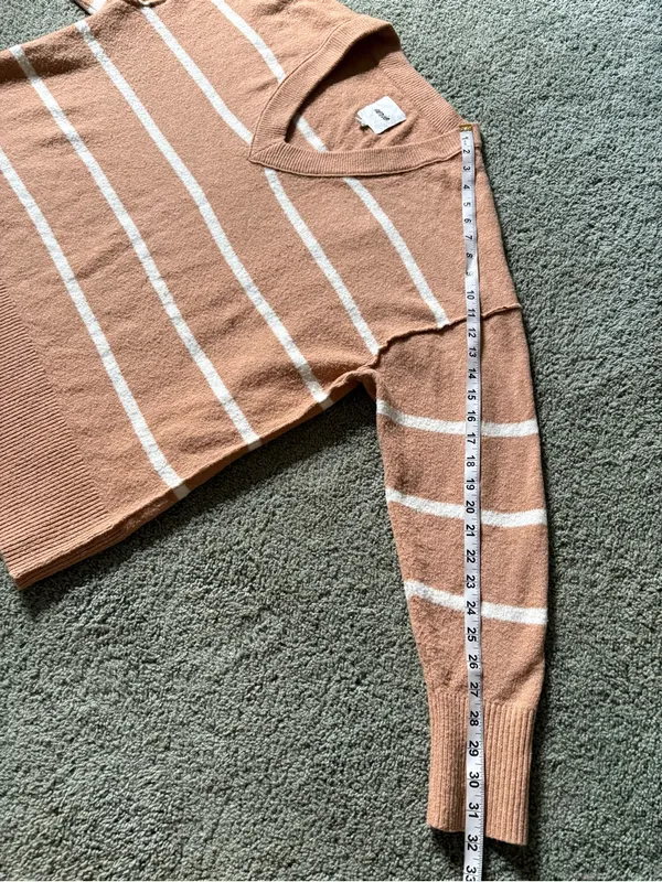 Aerie Women Tan Striped Oversized V-Neck Sweater Size L Cozy Slouchy Knit Soft - Image 2
