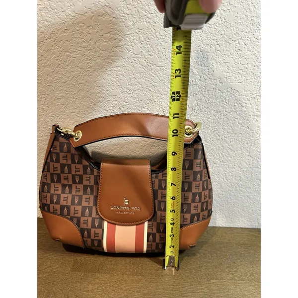 London Fog Collection Brown Monogram Stripe Hobo Shoulder Bag Gold Chain New - Image 2