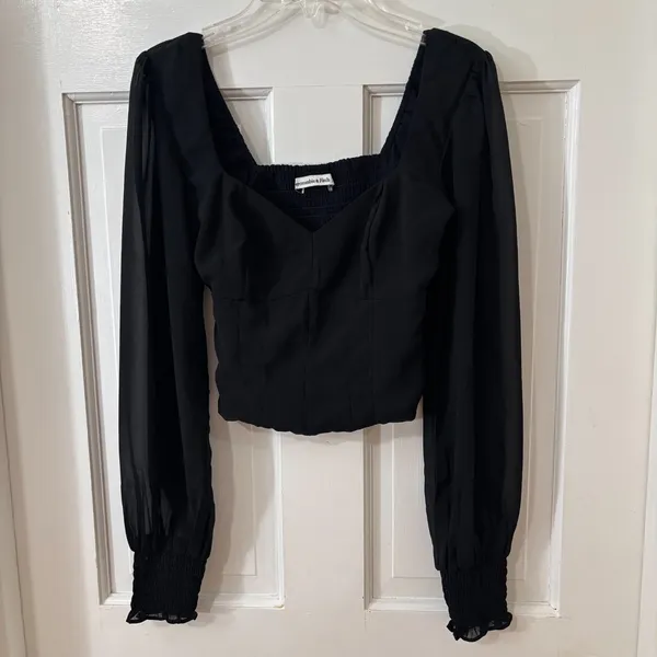 Abercrombie & Fitch Black Whimsygoth Baddie Smocked Sheer Sleeve Crop Blouse XXS - Image 2