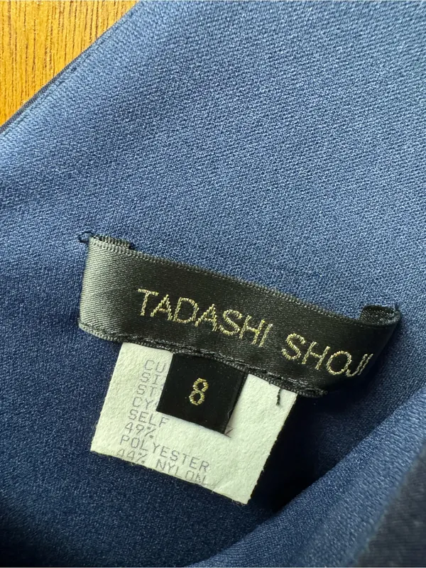 Tadashi Shoji Side Ruched Jeweled Beaded Long Maxi Gown Dress Navy Blue 8 - Image 5