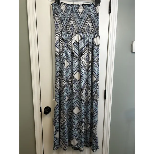 Cato XL Strapless Maxi Dress Blue Black Geometric Smocked Boho Stretch - Image 5