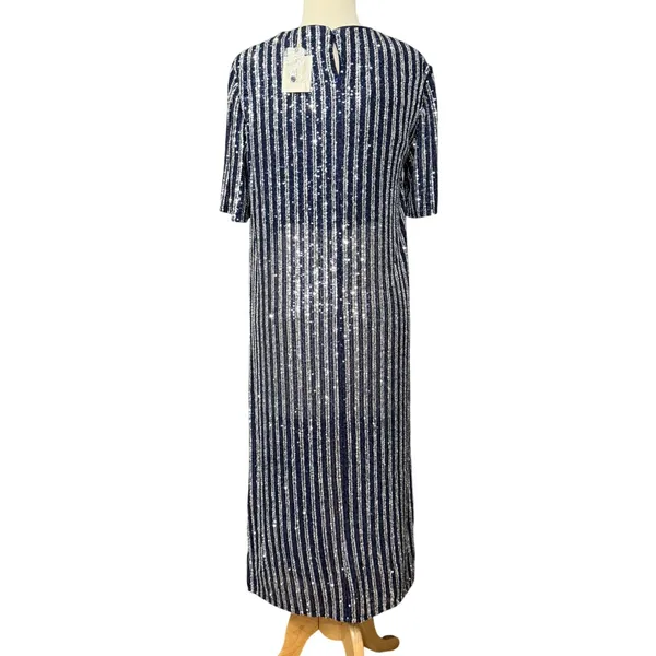 Anthropologie Flat White Sequin Stripe Midi Dress Womens M Blue Evening Cocktail - Image 7