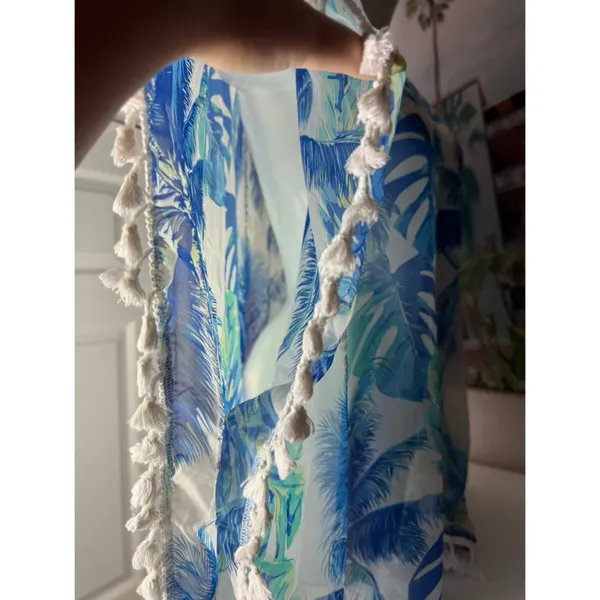 SHEIN Blue White Tropical Floral Sheer Tassel Beach Cover Up Size Large - Image 9