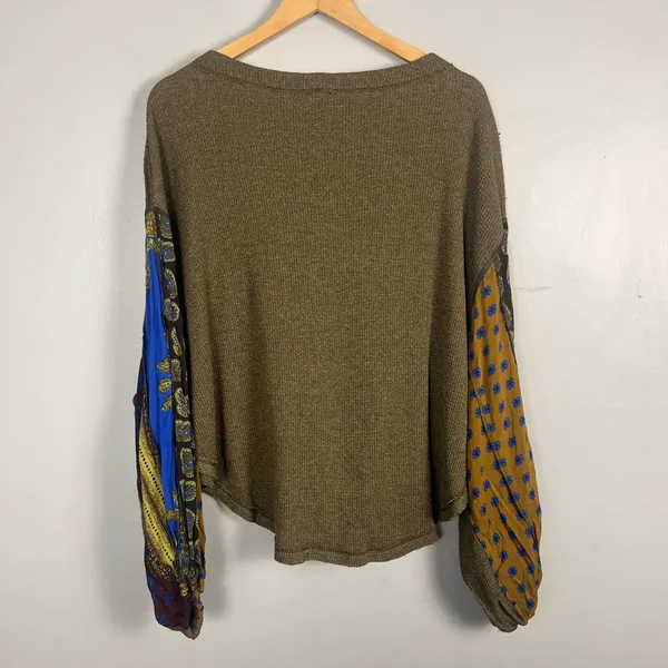 Free People We the Free Top Womens small Green Blouson Sleeve Waffle Oversized - Image 8
