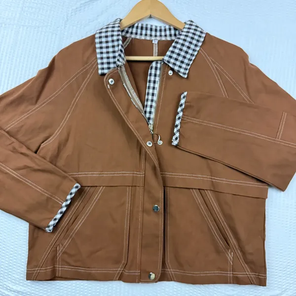 Brown Canvas Utility Jacket Gingham Trim Contrast Stitch Workwear Small - Image 9