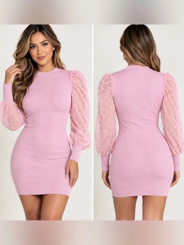 No Comment NY-LA Pink Ribbed Bodycon Sweater Dress Sheer Polka Dot Puff Sleeves - Image 2