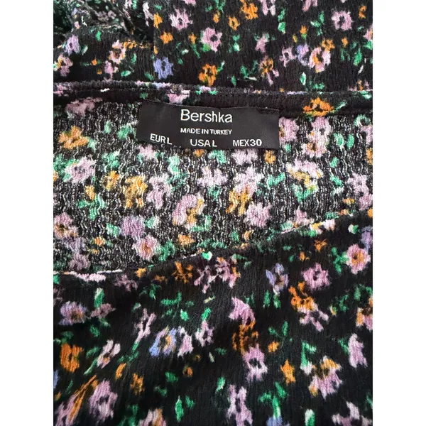 Bershka Womens Floral Babydoll Mini Dress Black Multi Tiered Puff Sleeve‎ Large - Image 7