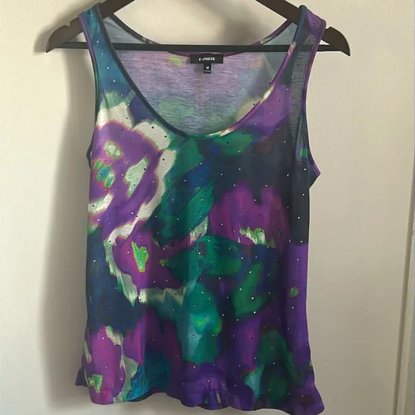 Express Women’s Rhinestone Embellished Floral Vibrant Watercolors Print Tank Top - Image 2