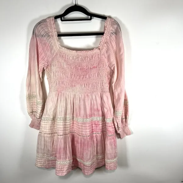 American Eagle Womens Pink‎ Tie Dye Smocked Ruffle Cotton Long Sleeve Dress L - Image 7