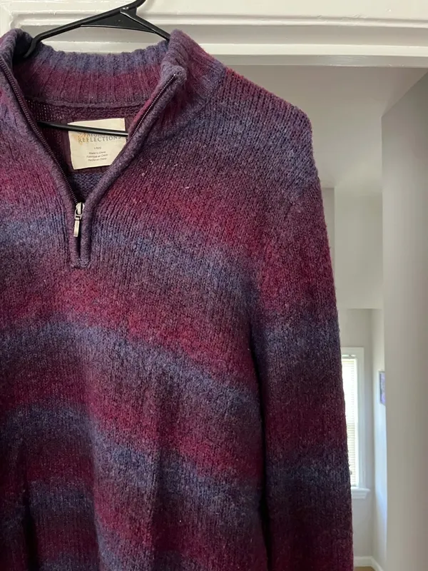 Vintage Striped Plum and Blue Half-Zip V-Neck Sweater - Image 2