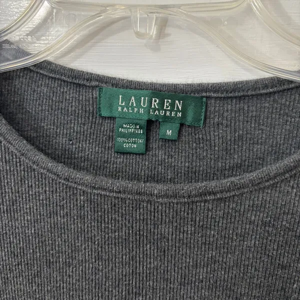 Lauren Ralph Lauren M Gray Ribbed Top Faux‎ Suede Accent Dark Academia Old Money - Image 4