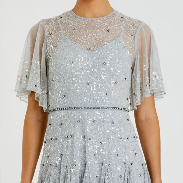 Mac Duggal Light Blue Size 6 Beaded Sequin Rhinestone High Neck MIDI Dress Gown - Image 3