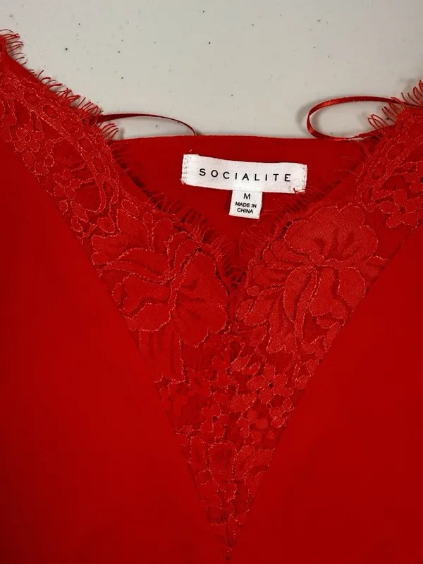 Socialite Red lace trim Cami slip tank top blouse sexy lined M Adjustable Strap - Image 4
