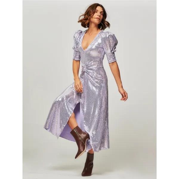 NWT ROTATE Birger Christensen Sierina Sequin Puff Sleeve Ruched Dress Lavender 0 - Image 9