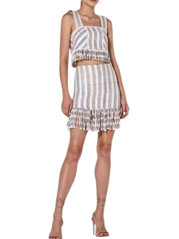 Alexis Vichy Silk Blend Fringe Mini Skirt Neutral Stripe Resort Vacation Size S - Image 2