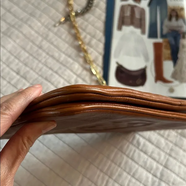 Tory Burch brown leather logo fold over gold chain rare crossbody bag​ - Image 12
