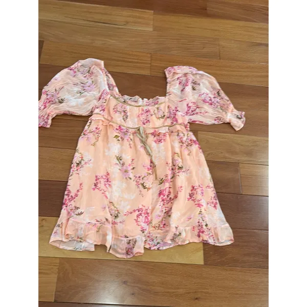NWOT Free People Mini Dress Womens Peach Floral Ruffle Puff Sleeve S - Image 4