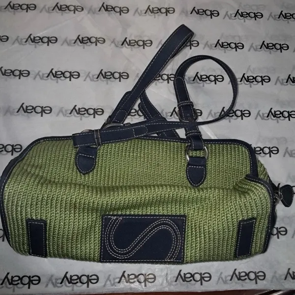 The Sak Green Woven Satchel Purse W/ Navy Blue Trim Vintage Boho Style Handbag - Image 4