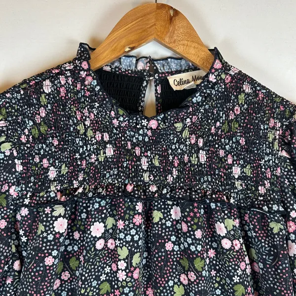 Celina Moon Floral Smocked Mock Neck Puff Sleeve Babydoll Mini Dress Medium - Image 7
