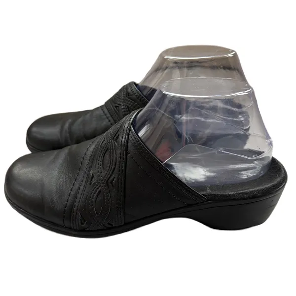 Clarks Black Leather Women's Clogs Slip-On Shoes Size 9 Mules Clog Block‎ Heel - Image 5