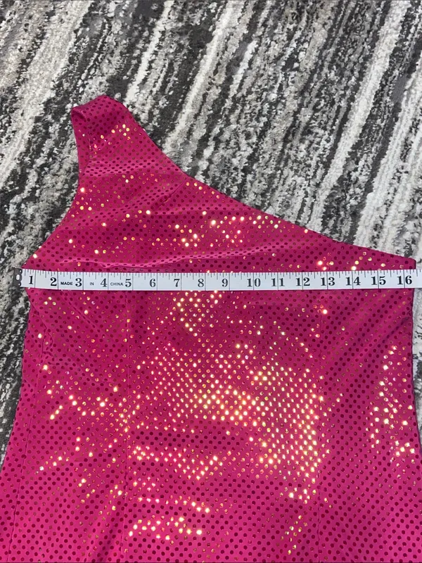 Y2K one shoulder, pink hologram sequin dress - Image 2