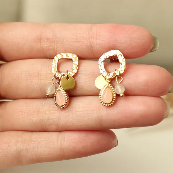 Gold Pink Quartz Dangle Earrings - Image 4