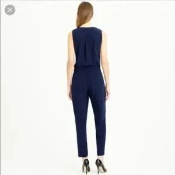 J.Crew Navy Blue Trench Jumpsuit One Piece Pants Crop Silky Sz 2 Pockets Career - Image 3