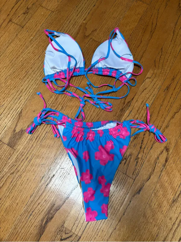 NWOT Bright Blue and Pink Floral Two-Piece String Bikini - Image 2