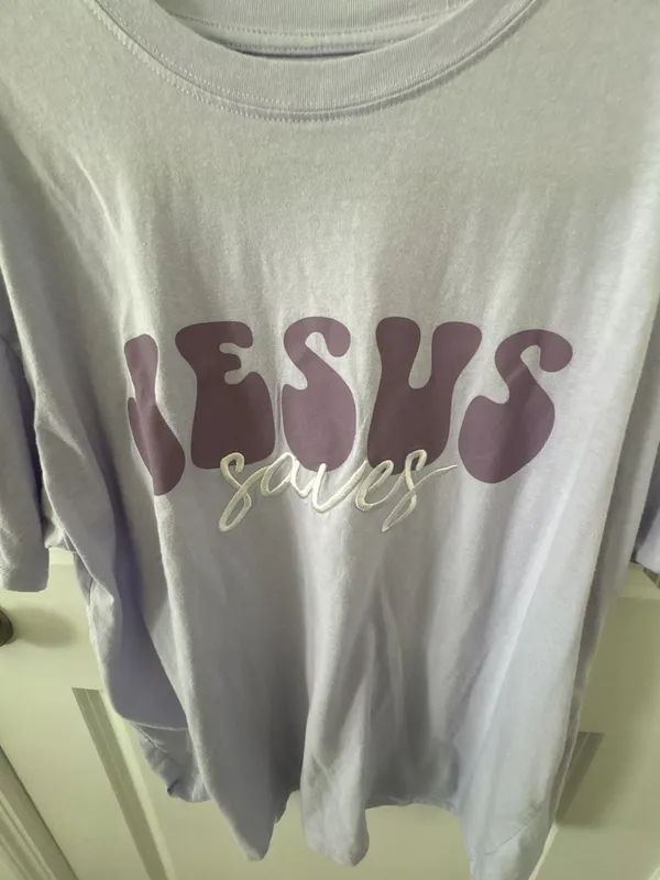 Freeze Jesus Saves Graphic Lavender Short Sleeve T-Shirt - Image 2