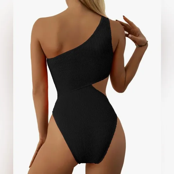 Woman’s New XL Elegant Black One-Shoulder Mokini Side Cut Out Textured Retro - Image 6