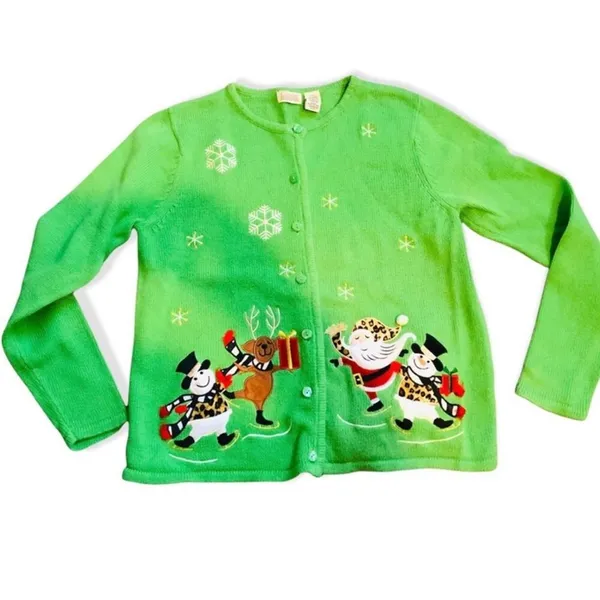 Classic Elements Vintage 90s Christmas Cardigan Green Embellished Holiday Sweater Grandma Core M - Image 2