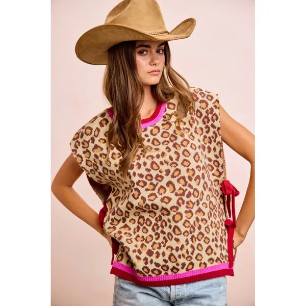 BiBi Leopard Pattern Side Tied Sweater Vest Top - Image 11