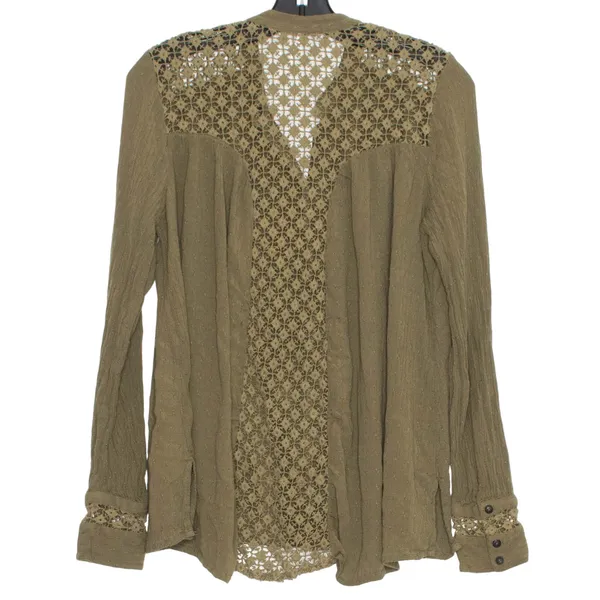 Free People Green Lace Button Up Boho Gauze Top Cottage Festival Earthy Small - Image 2