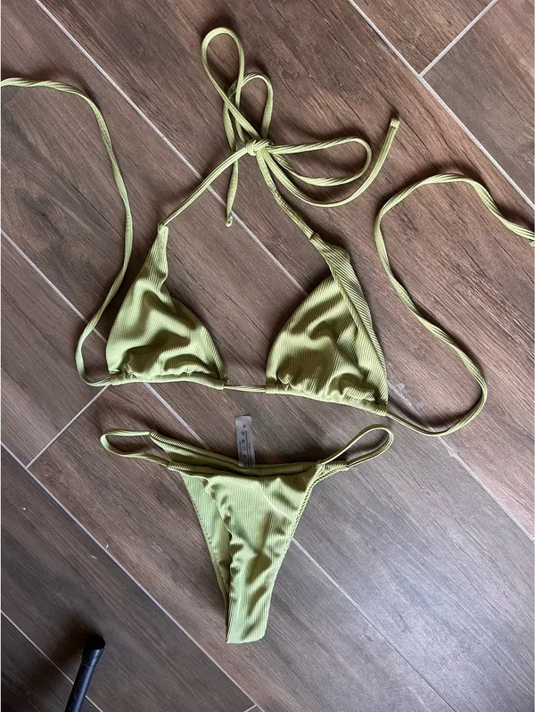 Olive Green Ribbed Triangle Bikini Set Size M Size M - Image 3