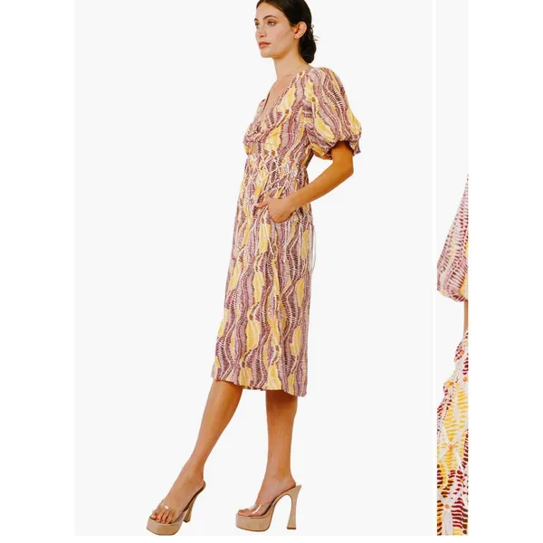 CIEBON Allicent Twist Front Puff Sleeve Midi Dress Size Medium Cutout Beaded - Image 3