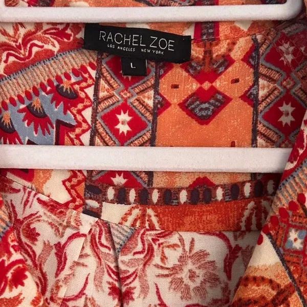 RACHEL ZOE Red-Orange Southwestern Boho Rayon Blouse Large - Image 5