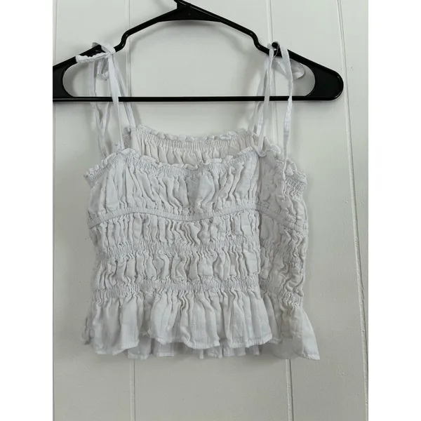 Kittenish Smocked Ruffle Crop Top White XS Tie Shoulder‎ - Image 5