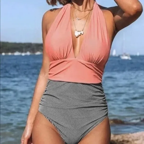 Cupshe Keeping You Accompanied Stripe One-Piece Halter Swimsuit Size M Coral‎ - Image 11