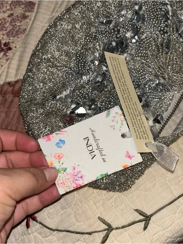 Silver India Sequin Beaded Evening Clutch Purse HaBag Handbag Party Wedding - Image 2