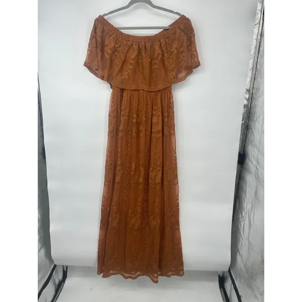 Dress Day Maxi Dress Womens M Copper Brown Lace Off Shoulder Boho Romantic - Image 3