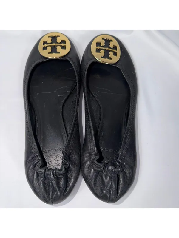 Tory Burch Reva Ballet Flats Women’s Size 7.5 Black Leather Gold Logo - Image 4